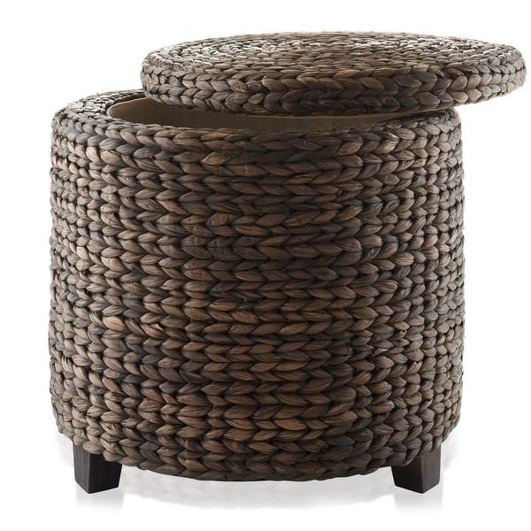 17in Round Water Hyacinth Storage Ottoman Footrest with Lid - Espresso