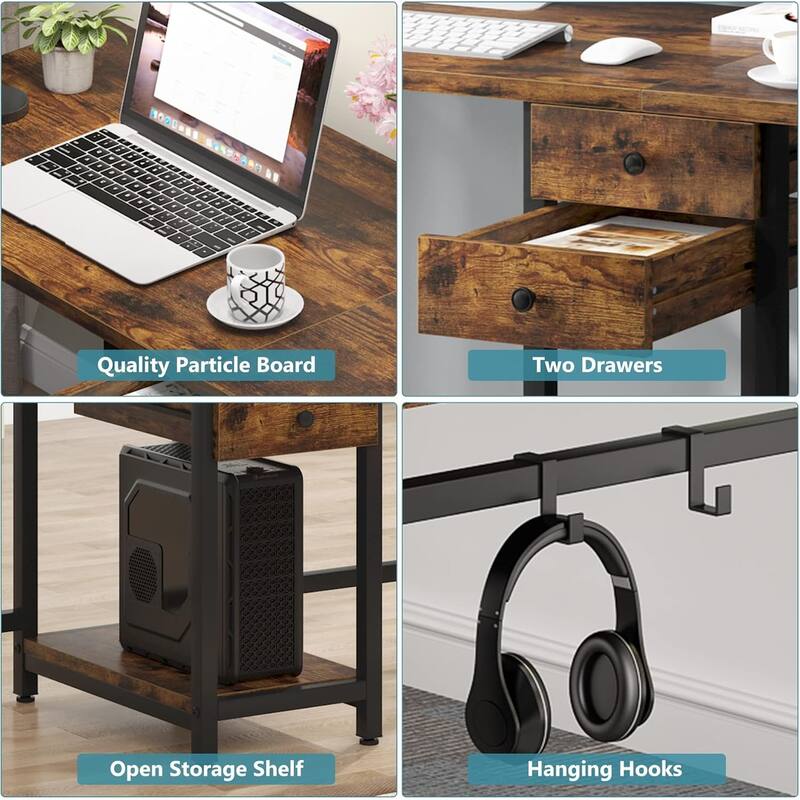 79-Inch Two Person Computer Desk with Drawers and Storage Shelves, Rustic Brown