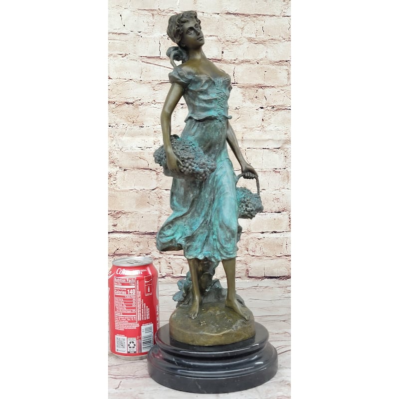Girl Carrying Basket Of Grapes Clical Bronze Figure Statue Sculpture 17 Inches X 6 Inches