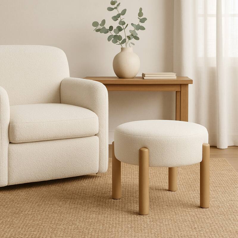Eli 22 Inch Cream Boucle Ottoman Footstool on Natural Brown Hardwood Base