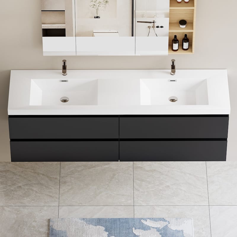 MDF Wall-Mounted Bathroom Vanity Set in Black with Integrated Culture Marble Sink