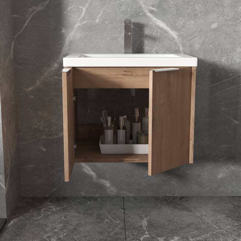 24/30/36 Inch Wall Mounted Single Bathroom Vanity with Resin Vanity Top in Walnut / Oak