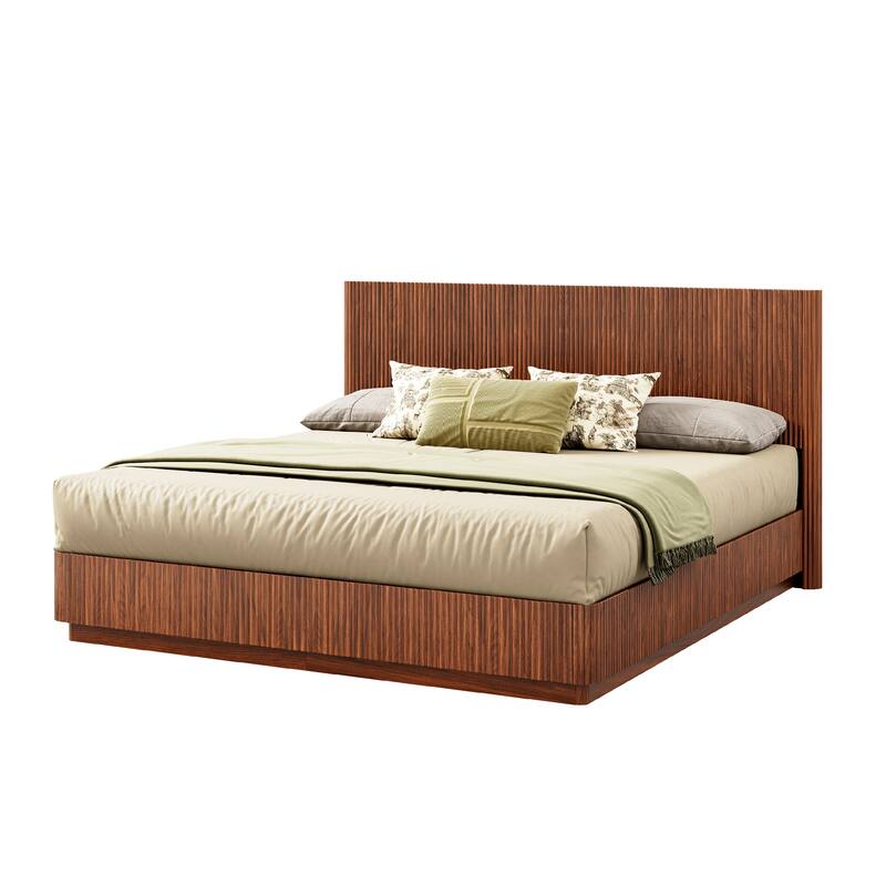 Low Profile Bed Frame with High Headboard, LED Light Strip Under Bed, Wooden Corrugated Curved Platform Bed, Metal Frame Support
