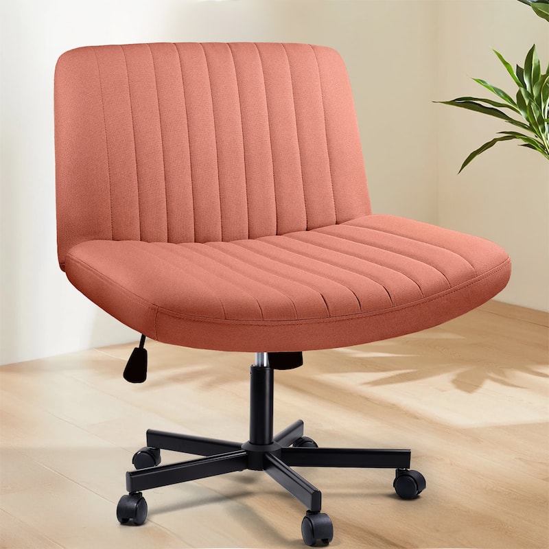 Bossin Criss Cross Chair Armless Office Desk Chair with Wheels,Fabric Padded Cross Legged Chair, Swivel Wide Seat Vanity Chair - Brown