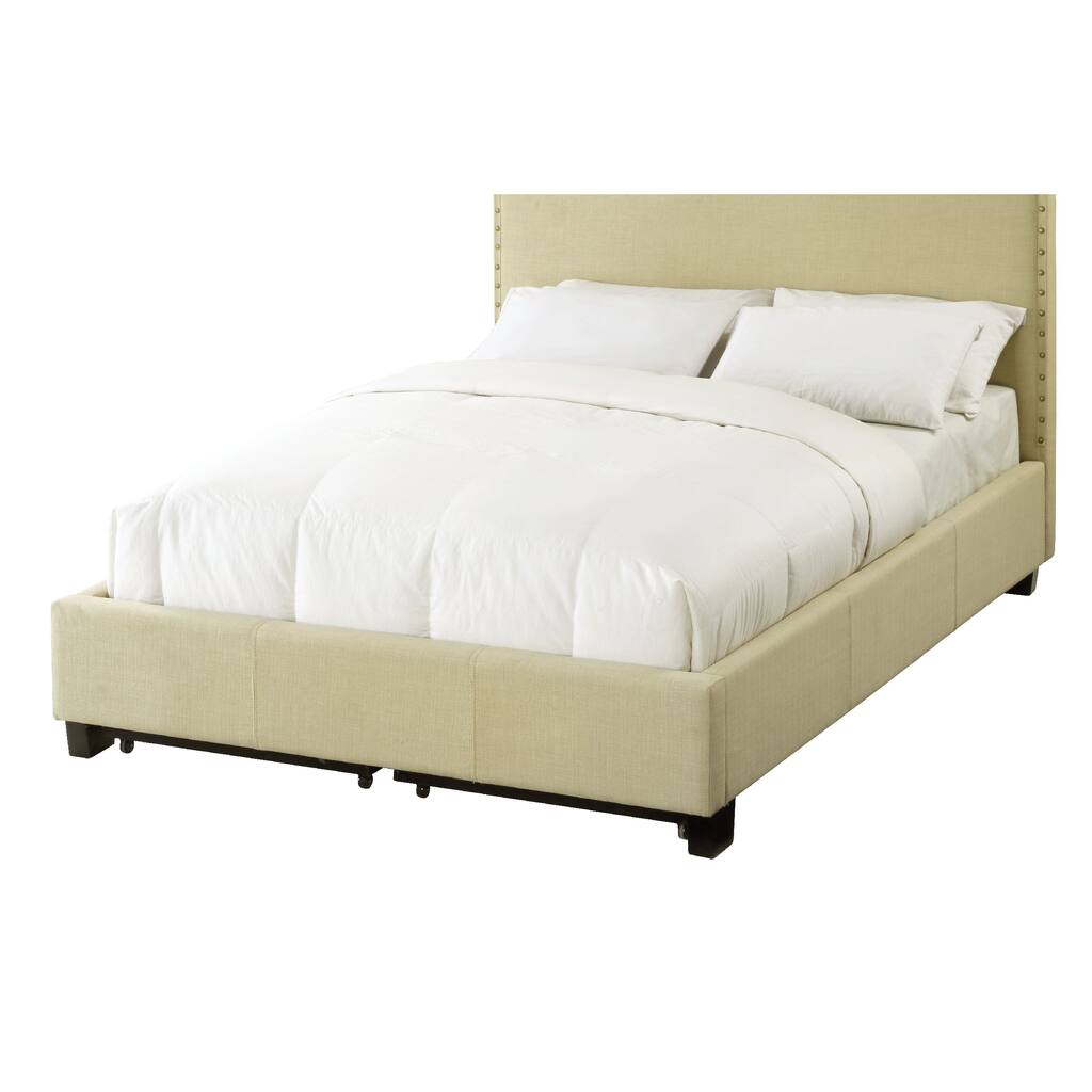 Ole Platform Fabric Upholstered Panel Queen Bed, Storage, Nailhead, Cream