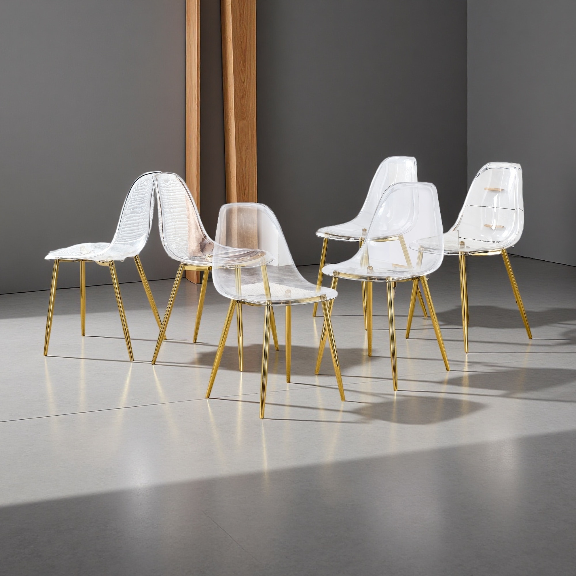 32.6"H Set of 6 Transparent PET Plastic Armless Dining Chairs with Gold-Plated Metal Legs - Modern Nordic Crystal Style