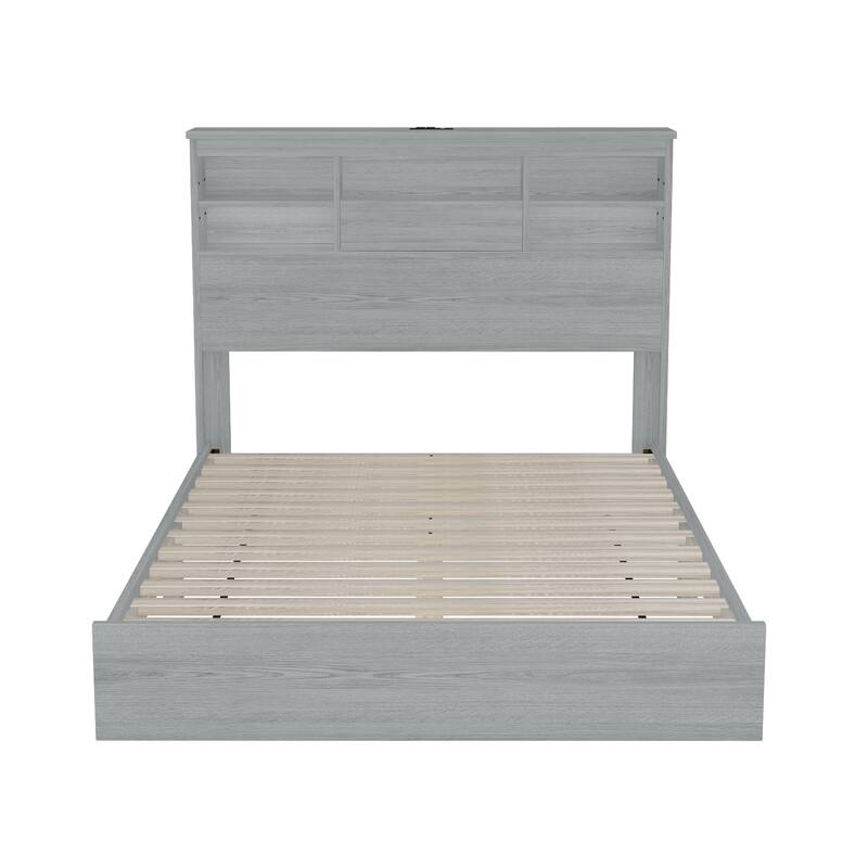 Wooden Platform Bed with Storage Headboard and USB Charging Ports