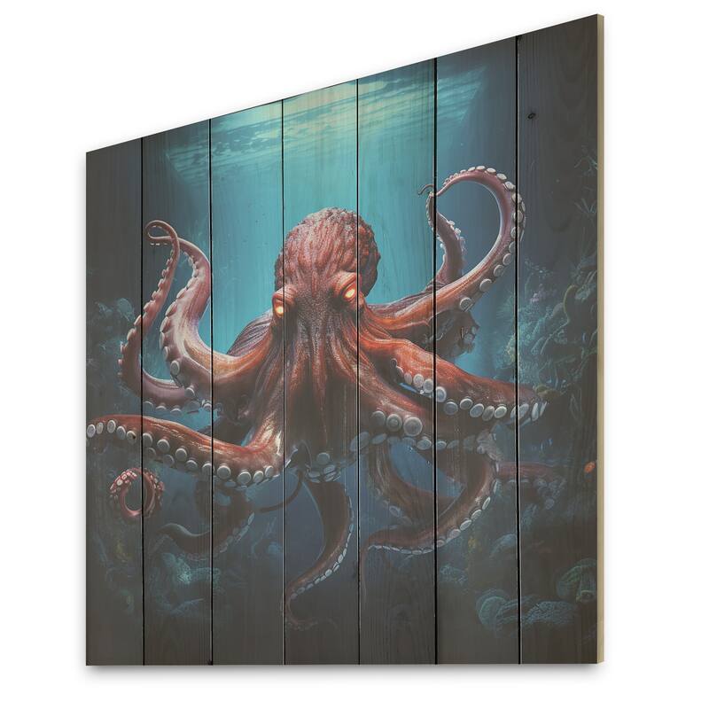 Designart "Cosmic Art Style Octopus" Octopus/Squid Wood Wall Decor - Modern Coral Wood Panel On Natural Pine Wood
