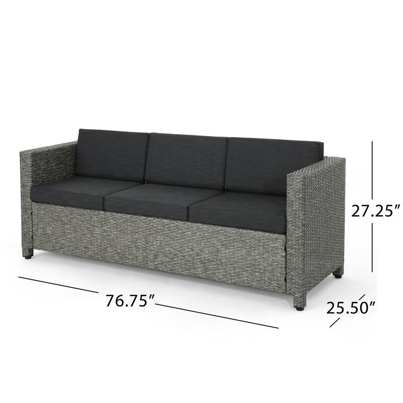 Roomfitters Outdoor Sofa with All-Weather Wicker, Removable Cushions, 3-Seater Patio Couch, Black+Grey