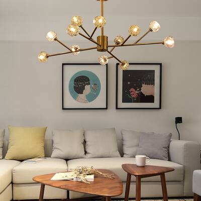 Retro Brass Sputnik Crystal Ball Shade Branches Chandeliers Hanging Pendant Ceiling Light Polished Gold