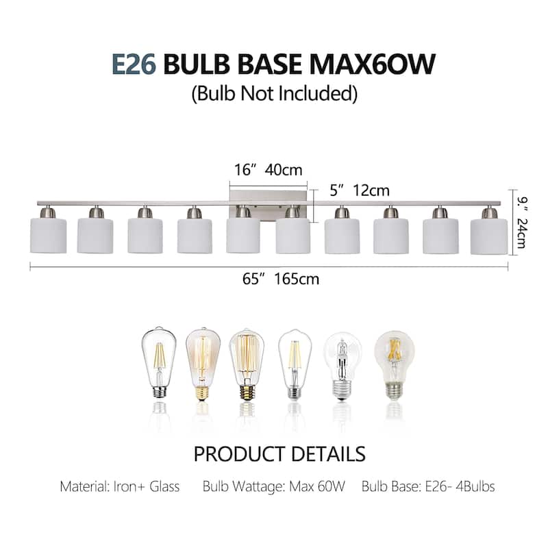 10-Light 65" Nickel Bathroom Vanity - Milky Glass - Wall Sconce for Bedroom, Living