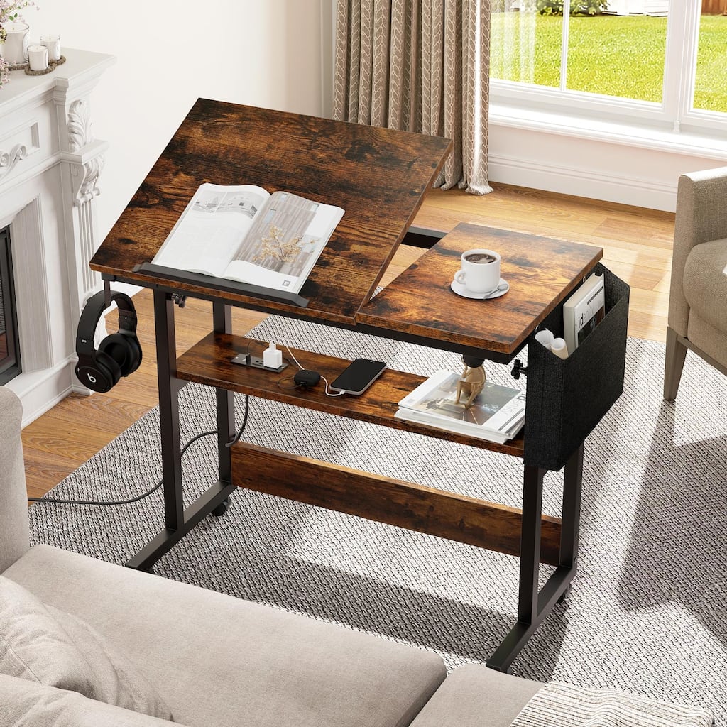 Portable Computer Desk Height Adjustable Laptop Table with Wheels Charging Station