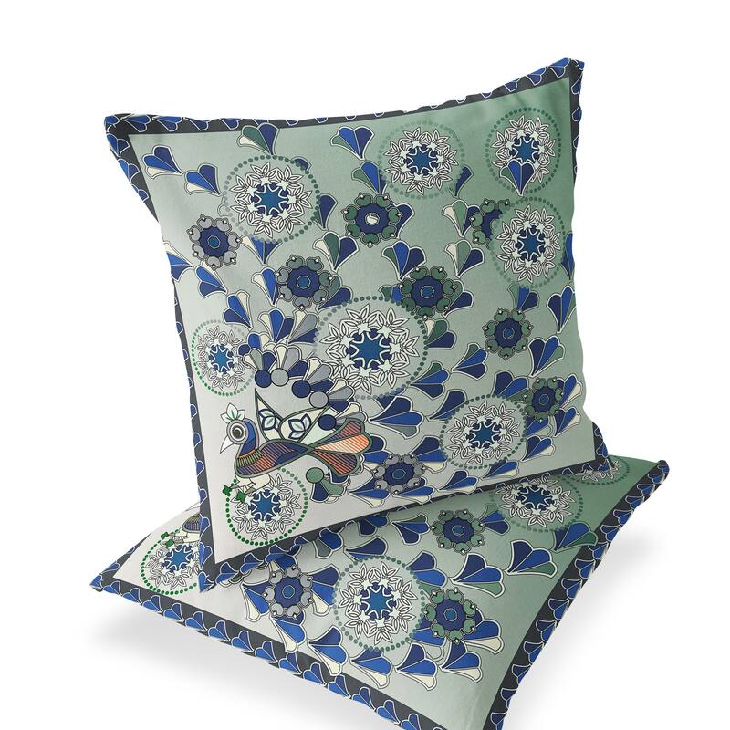 HomeRoots Set of Two 16" X 16" Green and Brown Peacock Blown Seam Floral Indoor Outdoor Throw Pillow - 16.00' X '16.00' X '5.00