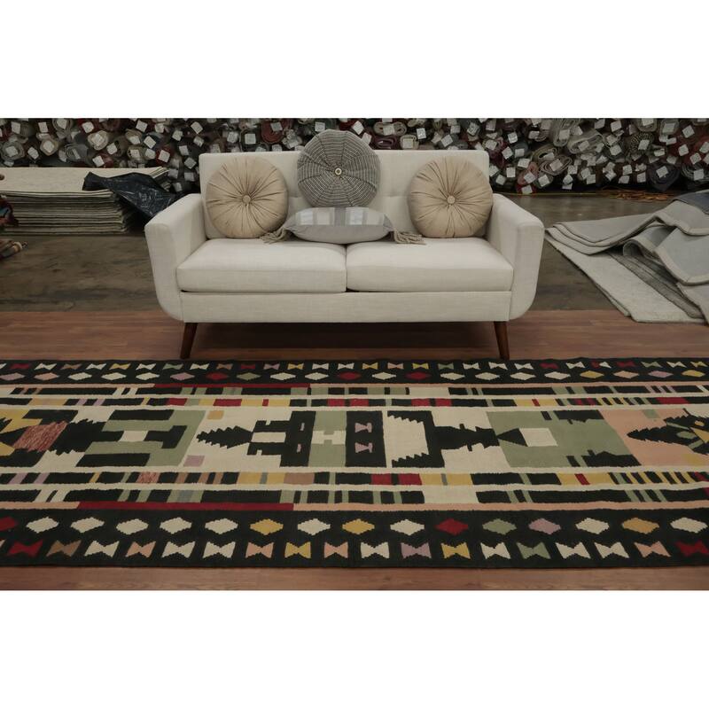 Hand Woven Oriental 100% Wool Carpet Southwestern Tribal Multi-Colored Kilim Runner Rug - 12' 3'' X 4' 4''