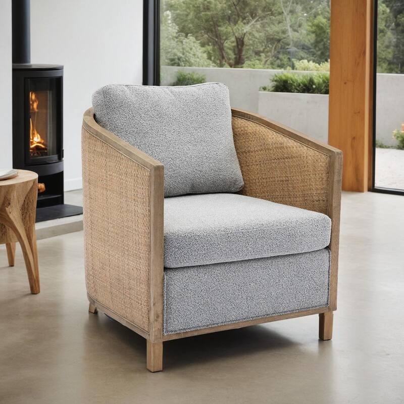 Swivel Barrel Chair with Rattan Design, Leather Accent Sofa Chair, Club Chair with Pillow, Leisure Arm Chair for Living Room - Grey
