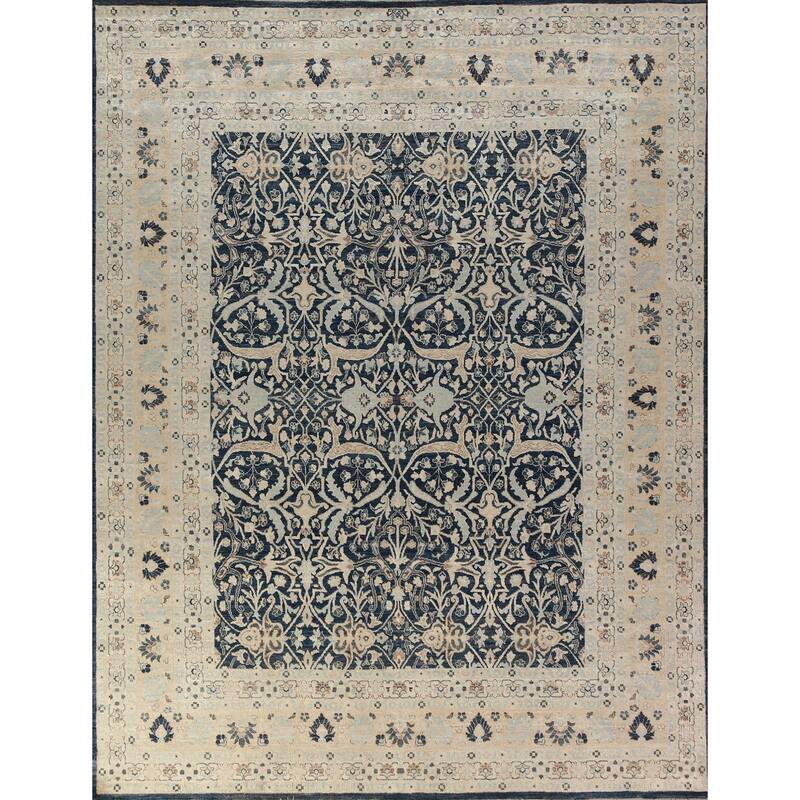 Hand Knotted Oriental 100% Wool Carpet Traditional All-Over Navy Blue & Blues Ziegler Area Rug - 9' 9'' X 8' 3''