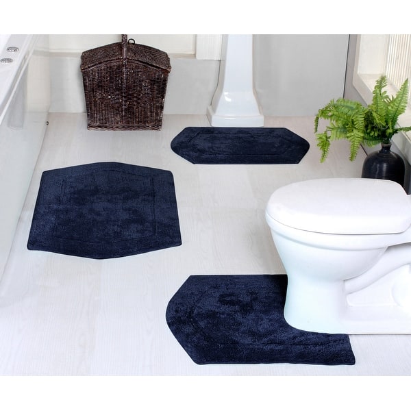Waterford Collection 100% Cotton Non-Slip Bathroom Rug Set, 3 Piece Machine Washable- Bathroom Rug, Bath Rug, U Shaped Contour - Navy