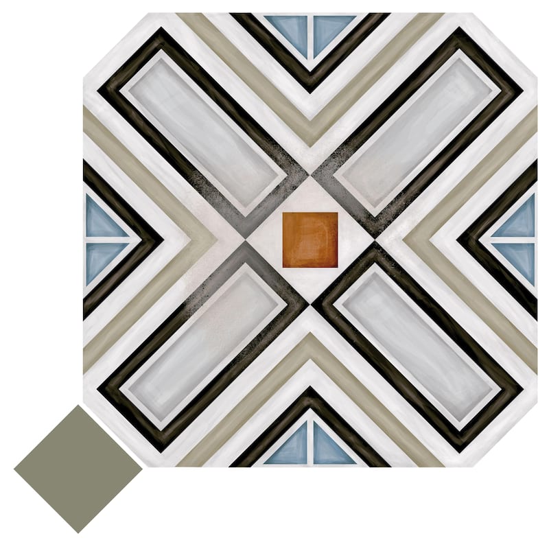 Merola Tile Vaudeville Octagon Deco Ritter with Taco Oliva 7-7/8" x 7-7/8" Porcelain Floor and Wall Tile
