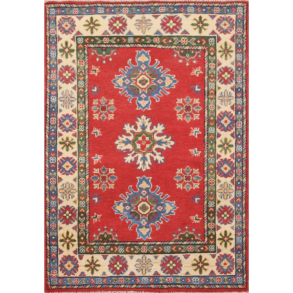 Geometric Red Kazak Oriental Accent Rug Handmade Wool Carpet - 2'10" x 4'2"