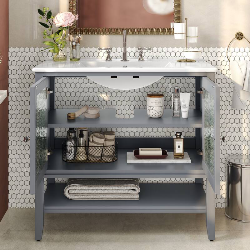 36" Storage Cabinet for Bathroom Vanity with Sink, Textured Glass Doors, Open Shelf, Silver Metal Knobs and Adjustable Shelf