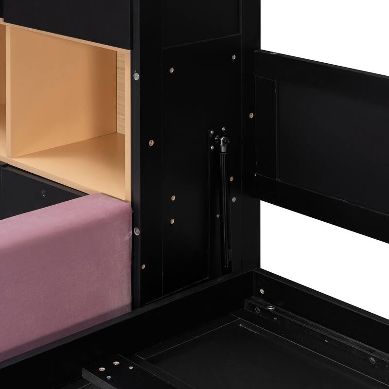 Modern Queen Murphy Bed with Sofa & Storage Shelves, Space-Saving Wall Bed with Integrated LED Lights