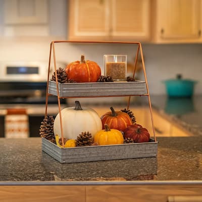 Galvanized Metal 2 Tiered Rectangular Serving Tray, Gray