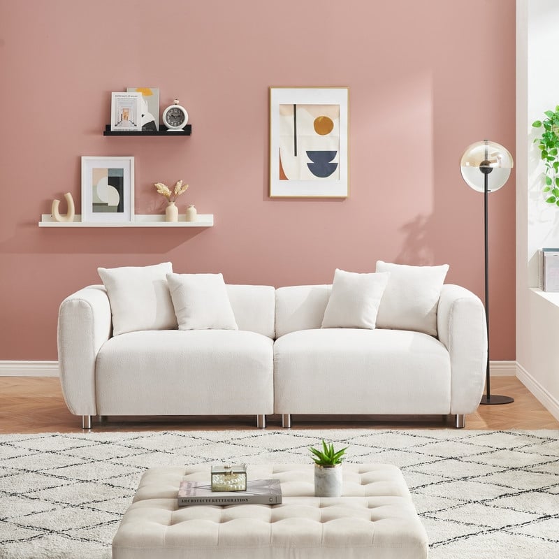 89" Cotton Linen Teddy 3-Seater Upholstered Sofa with Metal Legs - Beige