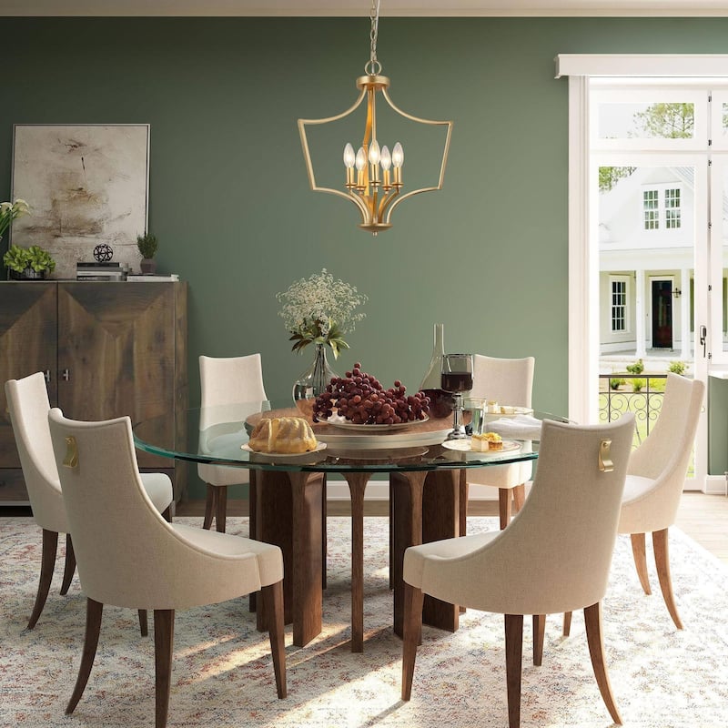 Mid-Century Modern 5-Light Gold Lantern Candle Chandelier for Dining Room - L19"xW19"xH24"