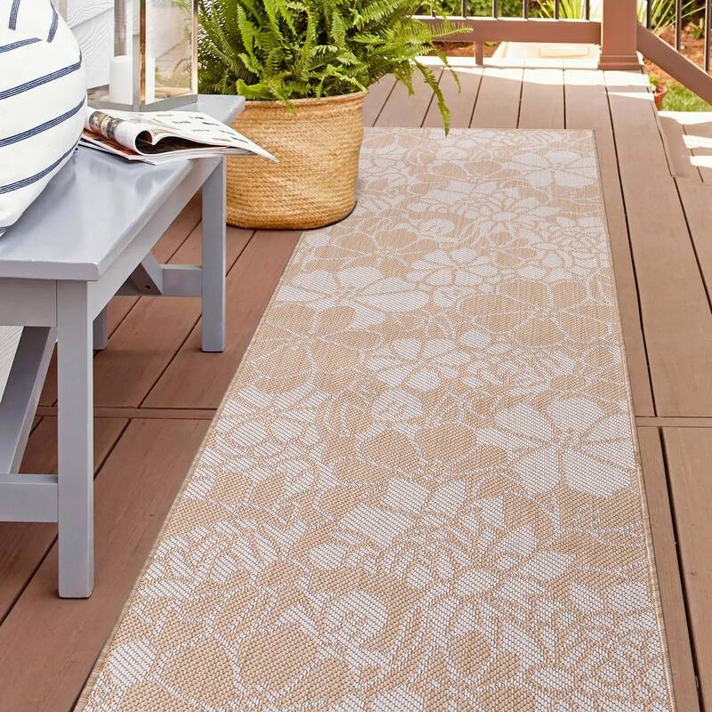 World Rug Gallery Modern Floral Flowers Textured Flat Weave Indoor/Outdoor Area Rug - 2'x7' Runner - Natural