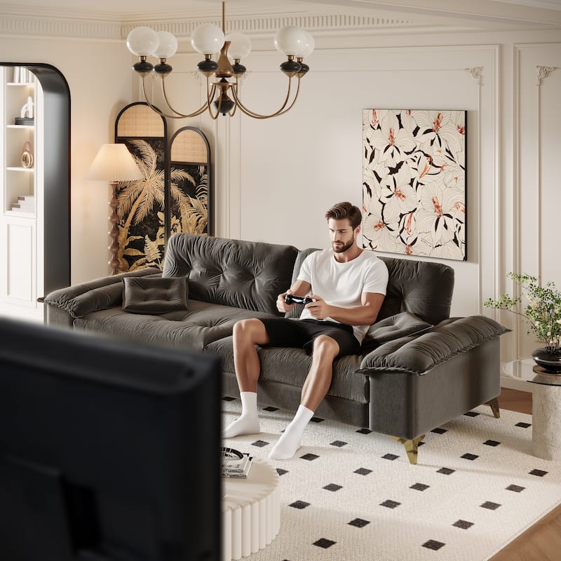 104.7" Modern Sectional Sofa with Tufted Design, Removable Armrests, Metal Legs & 2 Pillows, Chenille Upholstered Couch