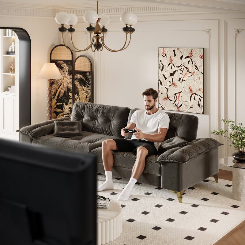 Oversized 4-Seat Cloud Couch with Wide Removable Armrests, Chenille Upholstered Lounge Sofa, Tufted Sofa with 2 Pillows