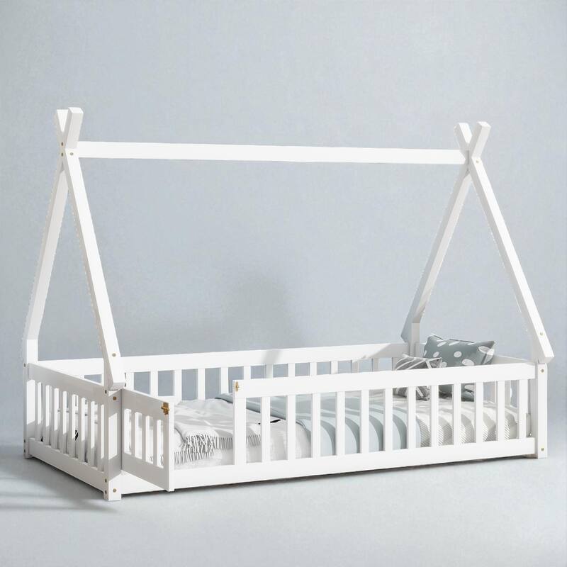 Twin Size Rubber Wood Teepee Floor Bed with Guardrails, Slats and Door for Kids Bedroom - White - Twin