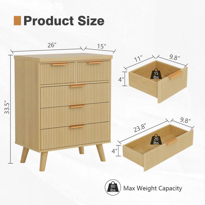 Pocassy 5 Drawer Dresser for Bedroom Wide Modern Chest of Drawers with Fluted Design