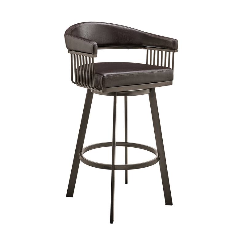 26 Inch Counter Height Swivel Bar Stool with Brown Faux Leather Seat, Coastal Inspired Modern Kitchen Bar Seating