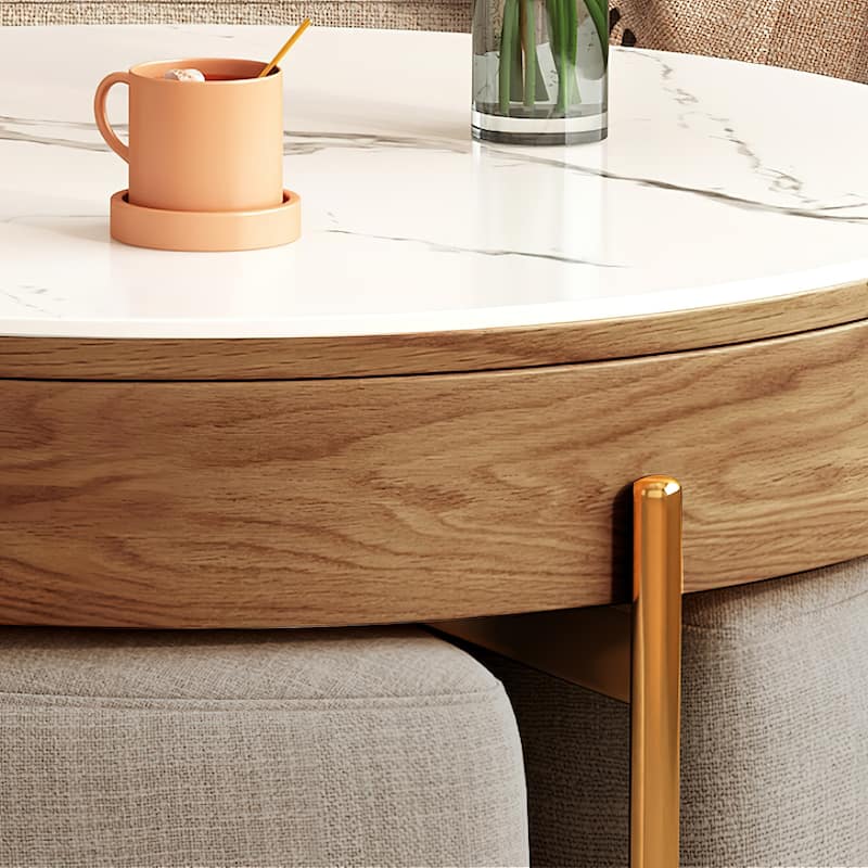 Modern Round Faux Marble Lift-Top Coffee Table Set with Stools and Storage - L 31.5'×W 31.5'×H 19.29'