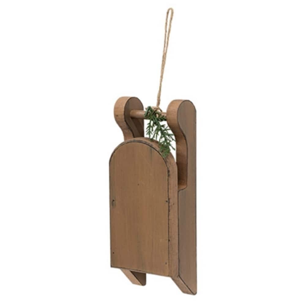 7.25” Tall Distressed Wooden Mustard Sled with Faux Pine Decor and Jute Hanging String - 7.25" H X 2.75" W X 1.75" D