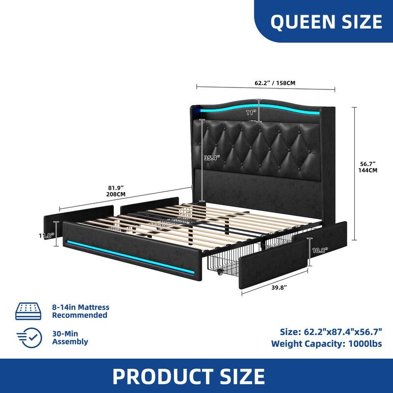 Moasis Queen Size Velvet Upholstered Bed Frame with 4 Storage Drawers & RGB Lights