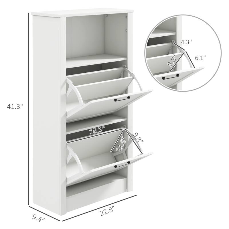 White Shoe Organizer Cabinet with Removable Dividers and 2 Flip Drawers for 10-Pair Capacity - 22.75" W x 9.5" D x 41.25" H