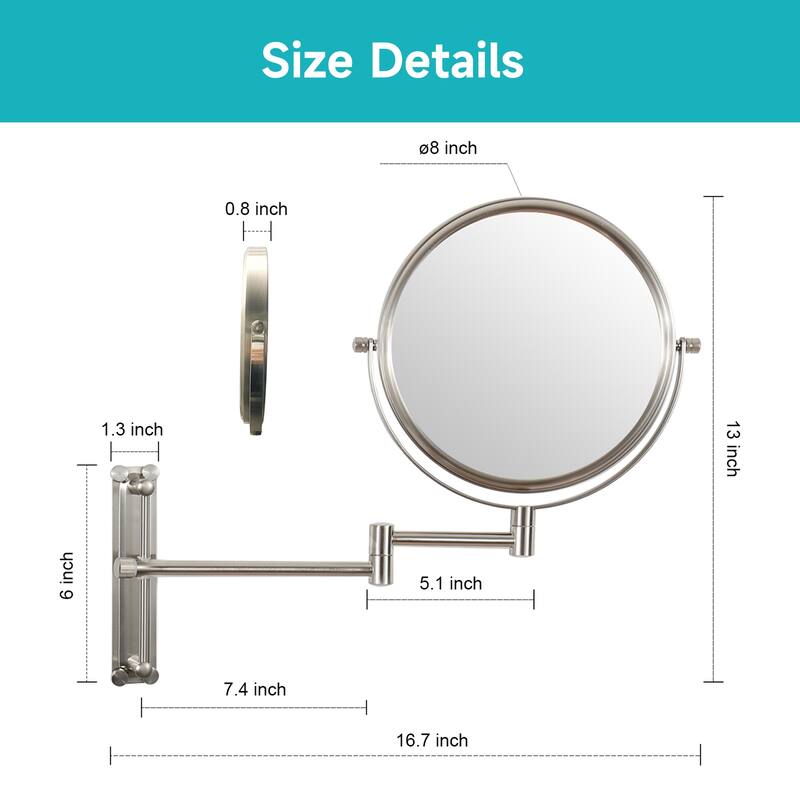 Hansabenne 8" x 8" Height Adjustable Wall Mirror Makeup Mirror Magnifying Vanity Mirror