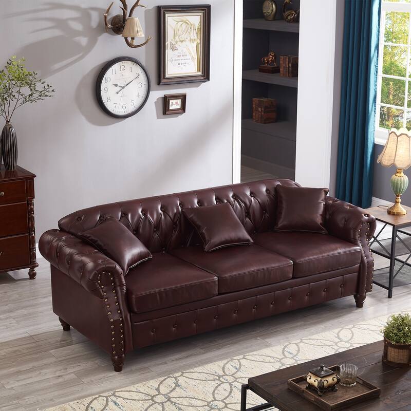 85.8" Technical Leather 3-Seater Sofa with Tufted Backrest & Storage