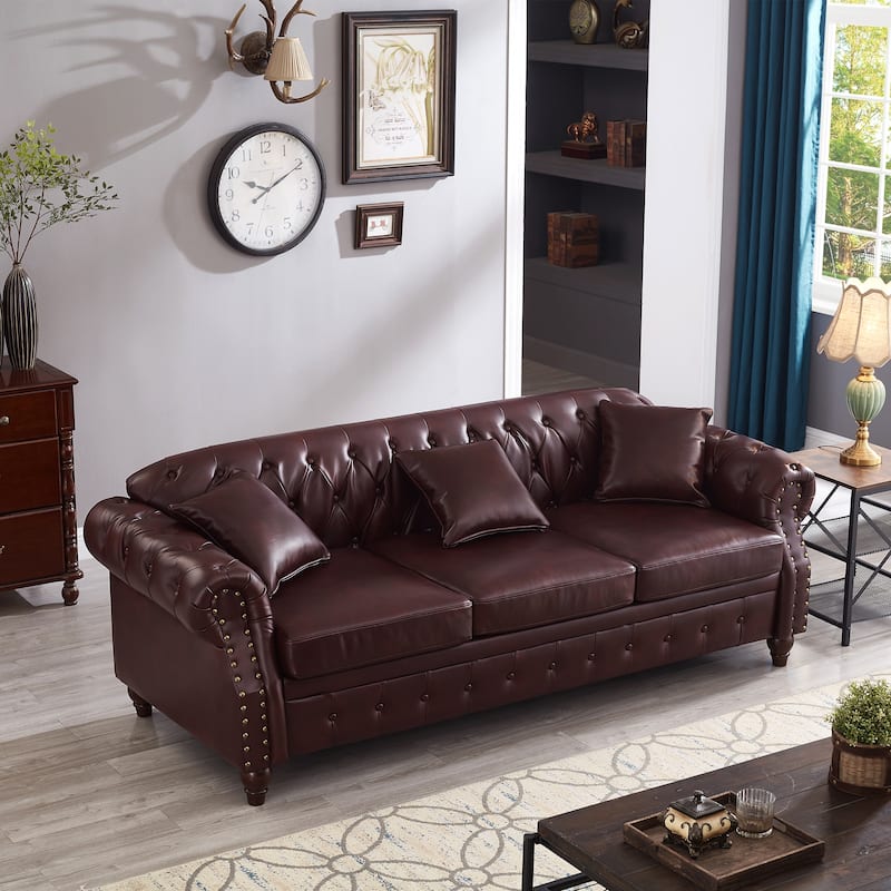 Chesterfield Sofa Classic Tufted Technical Leather Lounge Couch with Hidden Storage, Nailhead Trim and Pillows, for Living Room