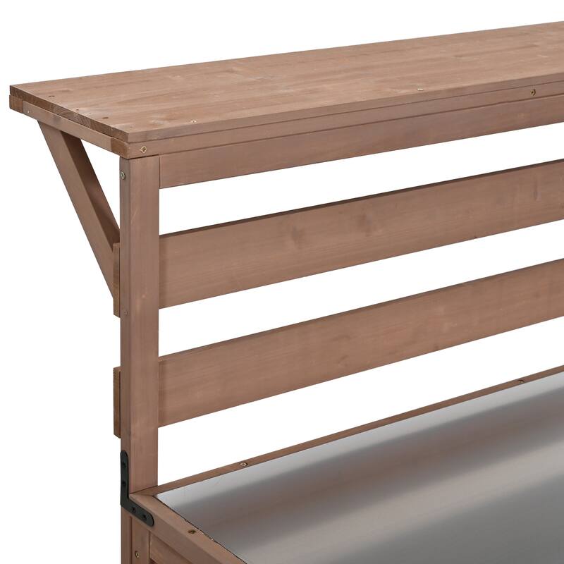 Solid Wood 62.3'' Patio Kitchen Island Kitchen Cart with Stainless Table Top, Garden Potting Bench with Raised Shelf and Drawers