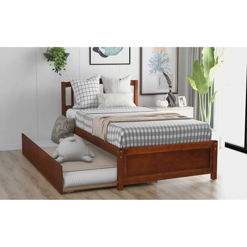 Twin Size Wood Platform Bed Frame with Trundle, Walnut Finish