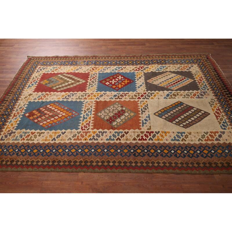 Kilim Qashqai Persian Vintage Rug Hand-Woven Beige Wool Carpet - 5'5"x 8'3"