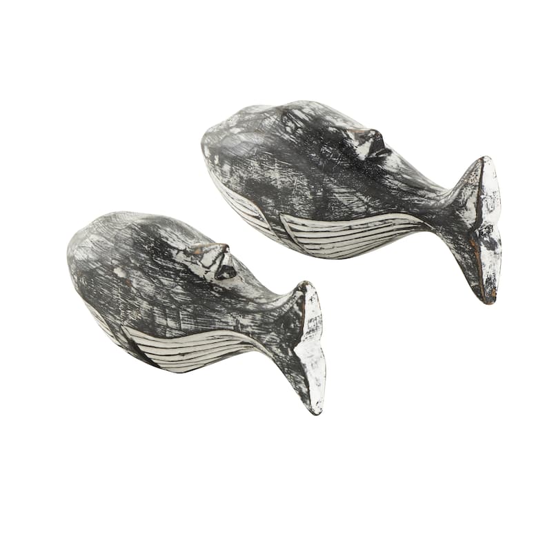 Wood Whale Distressed Sculpture - Set of 2 Cream - Roche River Decor - 3"W x 13"L x 5"H