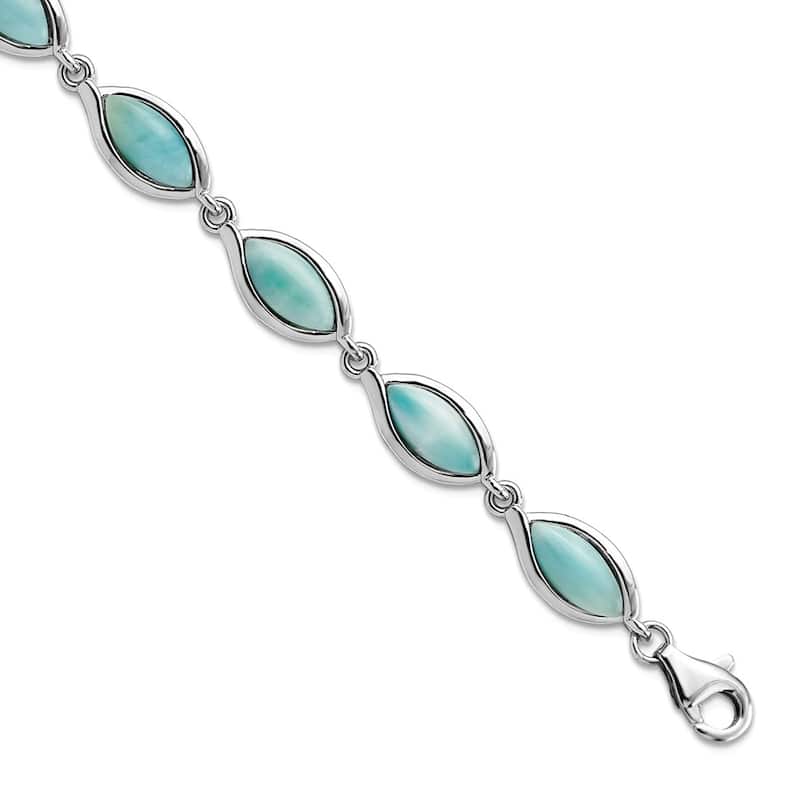 Curata 925 Sterling Silver 8" Rhodium-plated Marquise Shape Larimar Bracelet