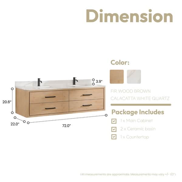 dimension image slide 7 of 10, Cristo Floating Bath Vanity with White Quartz Stone Top without Mirror