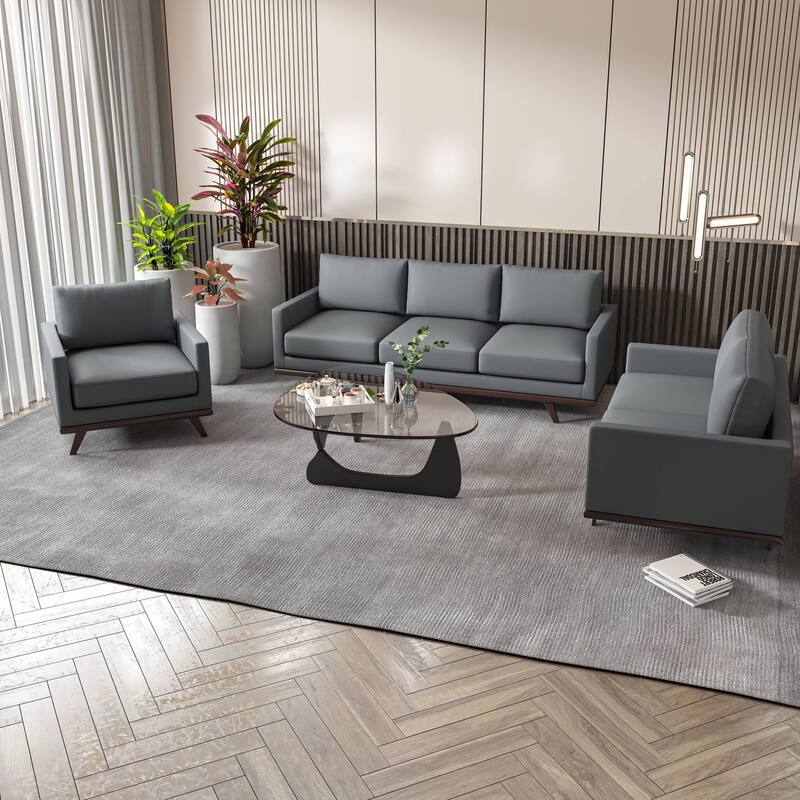 3-Piece Sofa Set Upholstered in Leather with Birch Wood Base Chester Collection