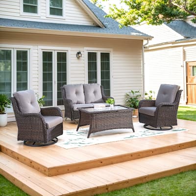 Patio Loveseat Wicker Sofa and Swivel Chair with Table - Grey cushion - Brown
