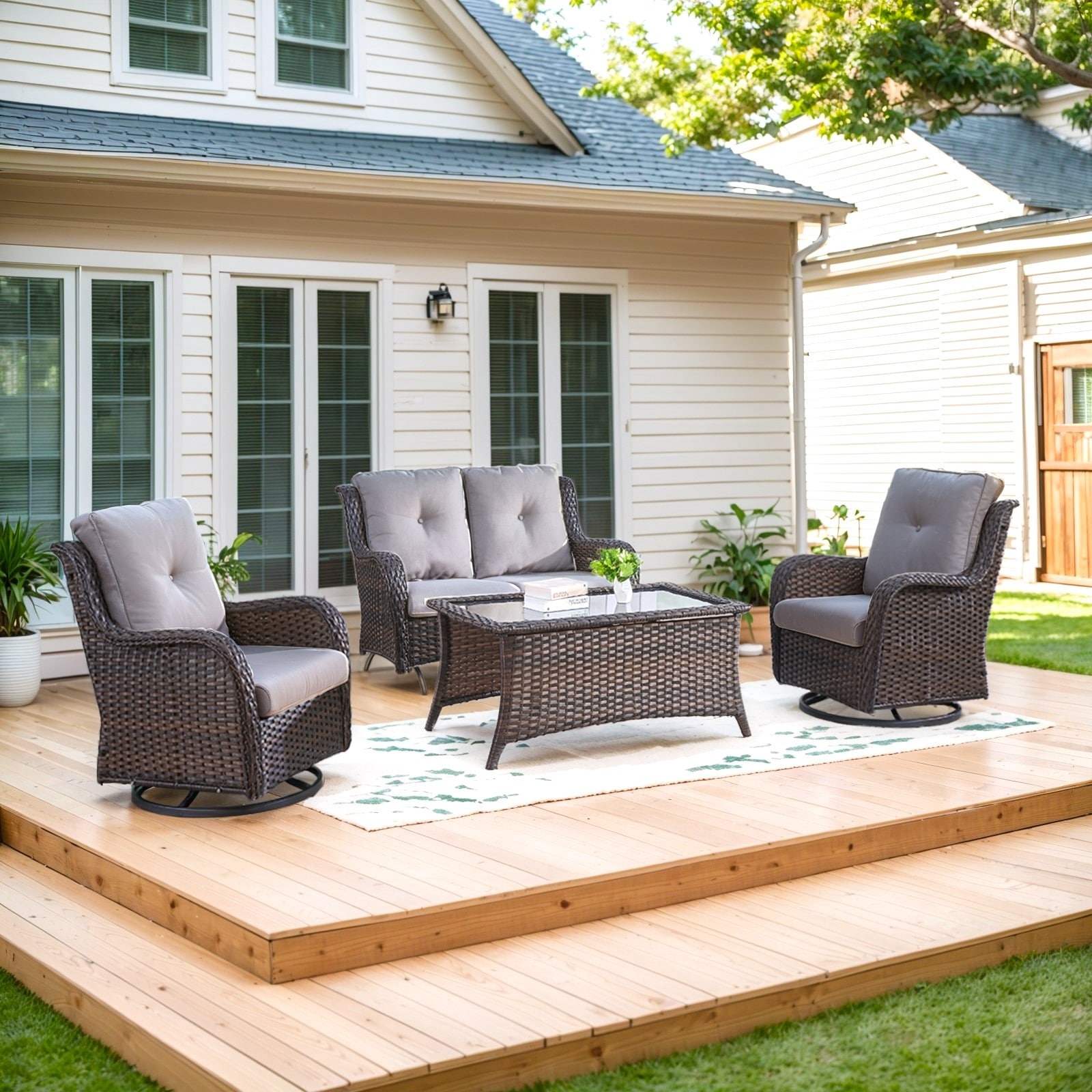 Patio Loveseat Wicker Sofa and Swivel Chair with Table - Grey cushion - Brown